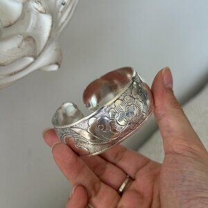 Silver Floral Embossed Cuff Bracelet Adjustable Boho Western